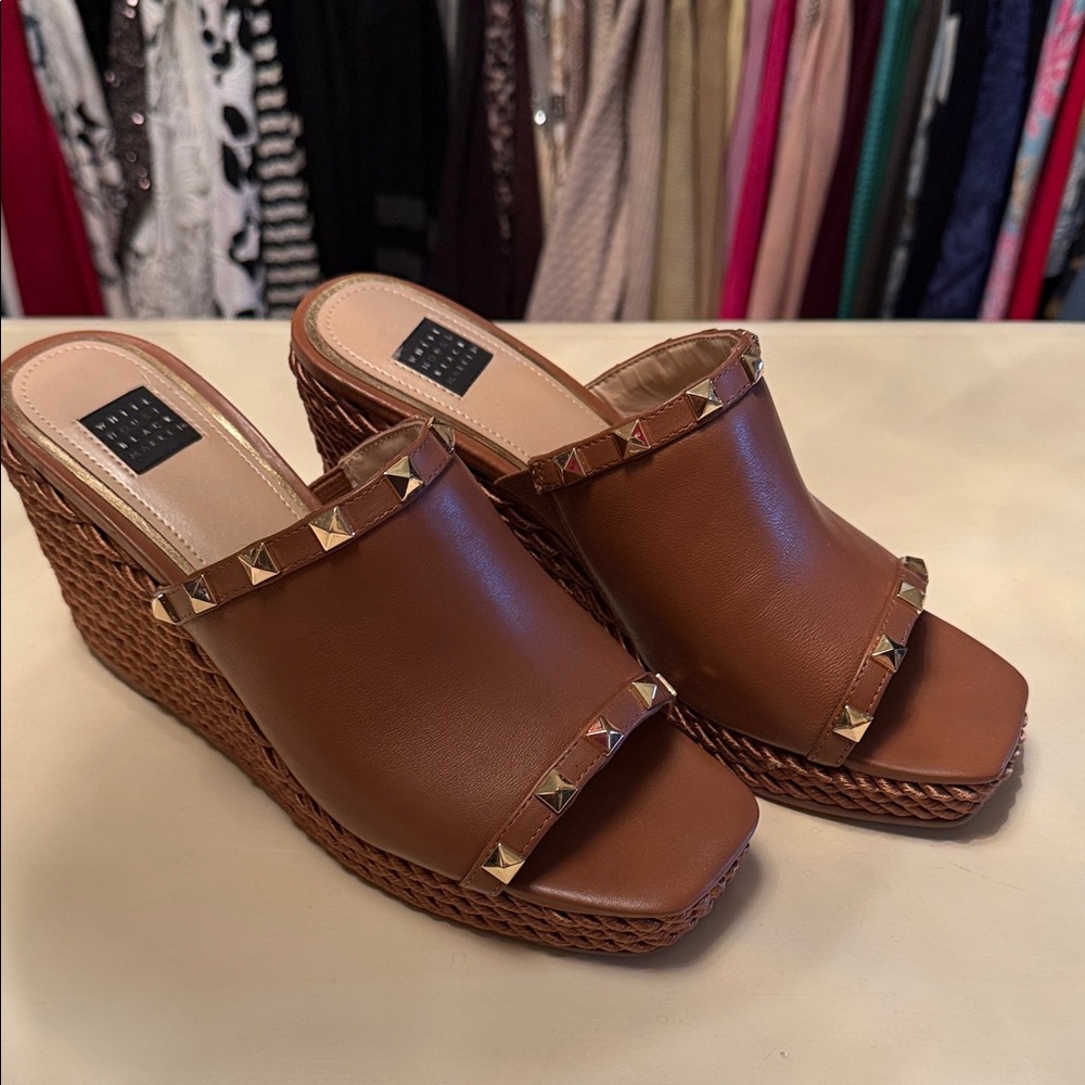 White House Black Market Brown Wedge Sandals with Gold Studs